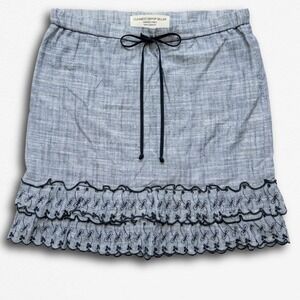 Max Studio Blue Cotton Ruffle Embroidered Mini Skirt Size M Chambray Tiered Hem